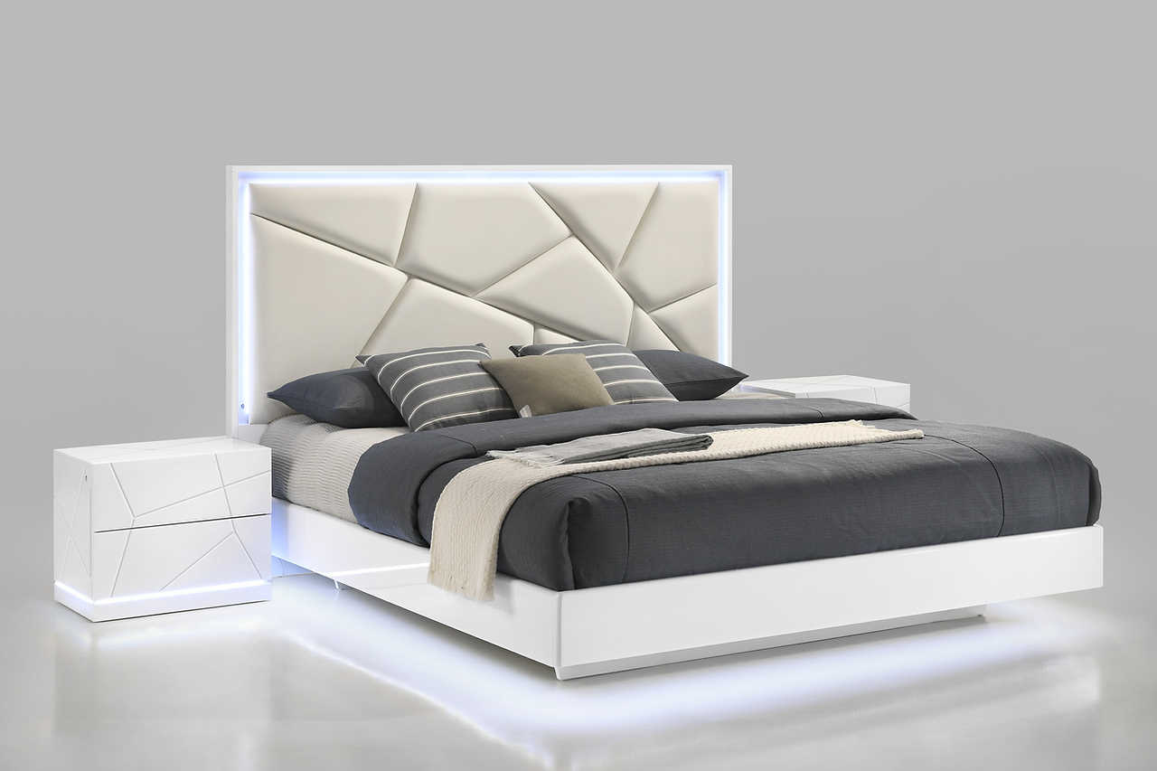 Lana White LED Upholstered Queen Panel Bed angled front view