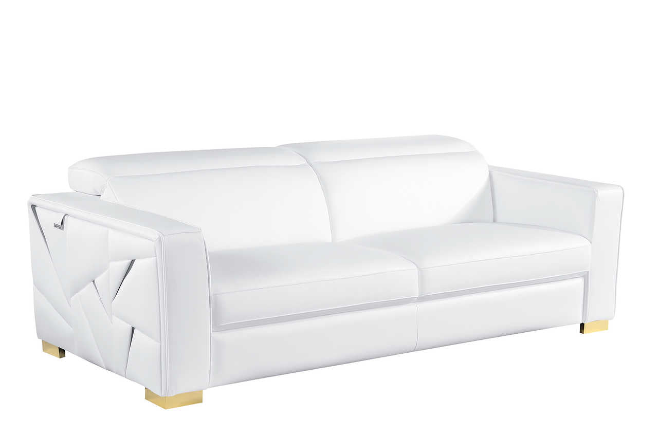 Astra white leather chair with gold accents, angled view