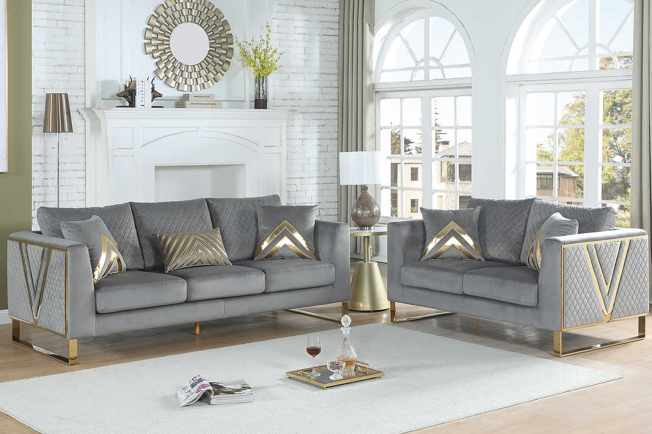 Vista Bonita gray velvet sofa and loveseat, side view
