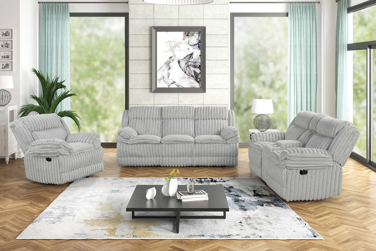 Mellow grey fabric reclining sofa with drop down table and charging ports