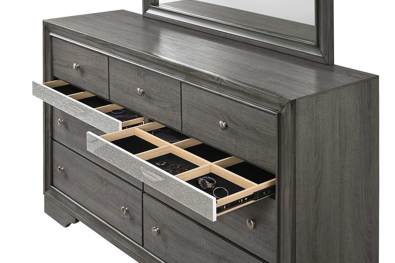 Hannah Grey dresser and mirror showing drawer configuration