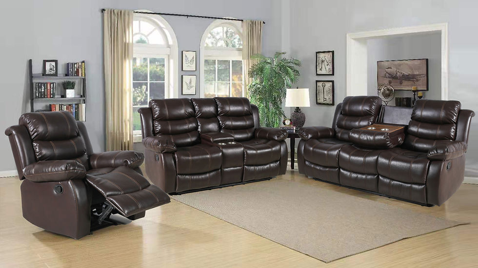 Isabel dark brown reclining sofa and loveseat set front view