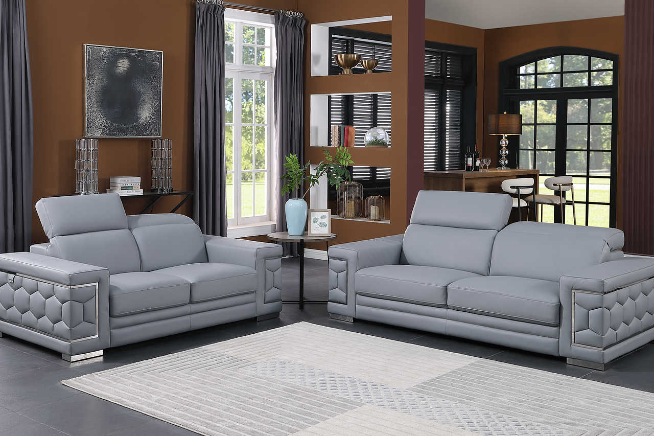 side view of Favo Light Blue Leather Living Room Set furniture