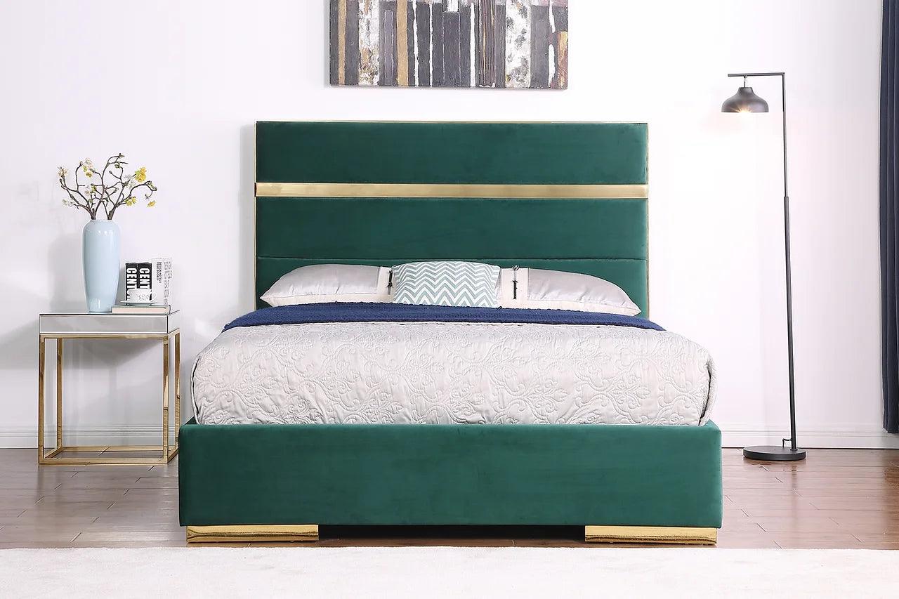 Cartier queen platform bed side view showing green velvet upholstery and wood frame
