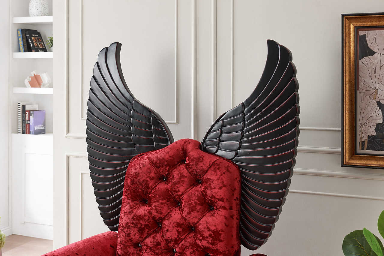 Side view of Lucifur 64" Tall Accent Chair with red fabric and black accents