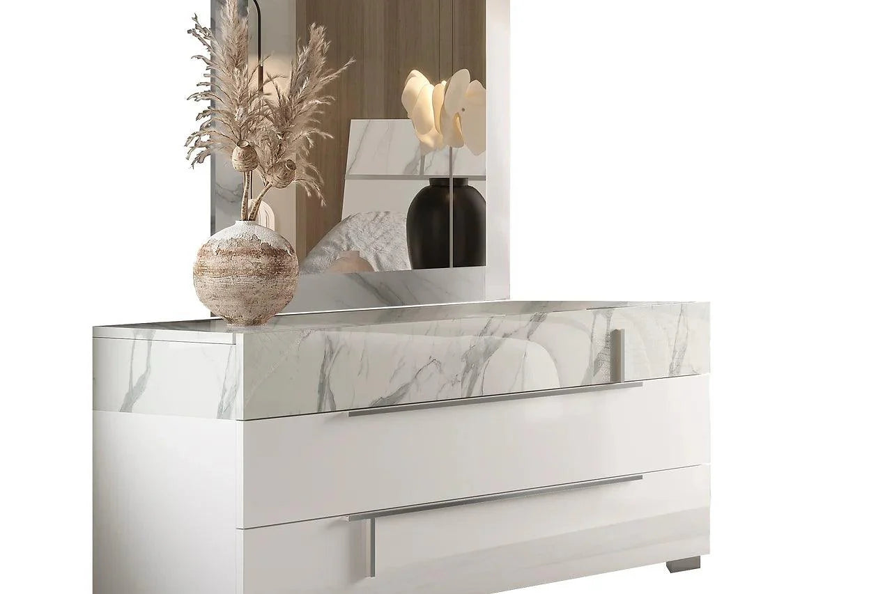 Bedroom view with Sunset White Panel Bedroom Set arranged
