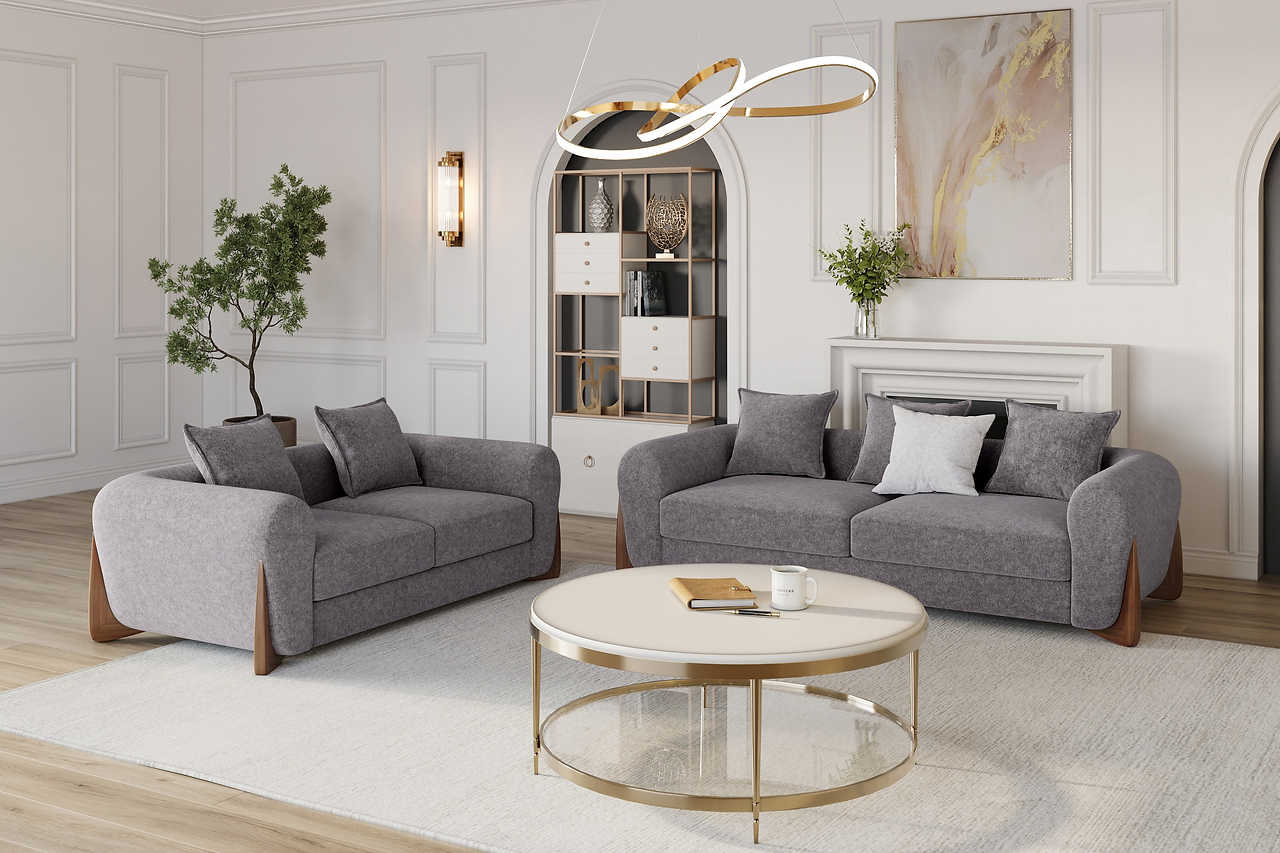 Stylus Pewter Living Room Set side view showing sofa and loveseat