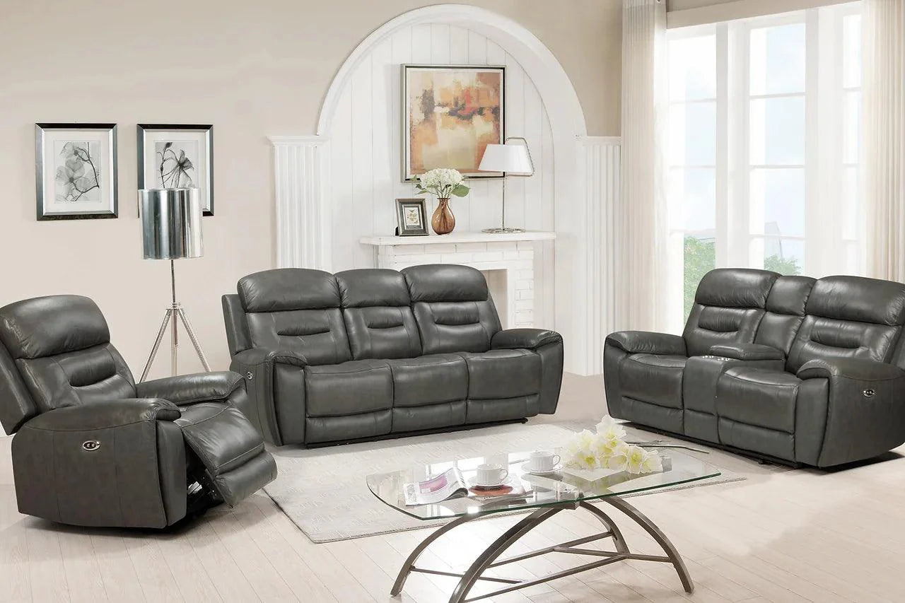 Rosewood Grey Faux Leather Power Reclining Sofa angled view