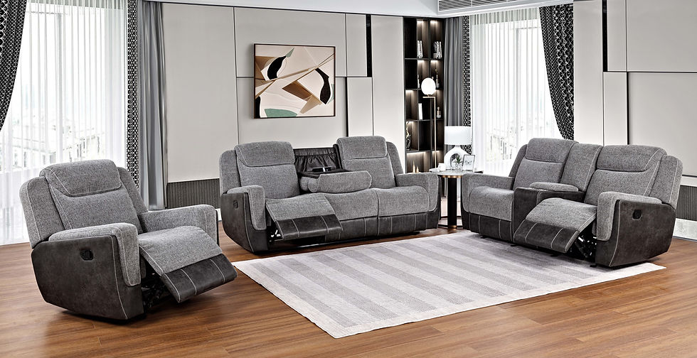 Nisa gray two-tone chenille and air leather reclining sofa front angle