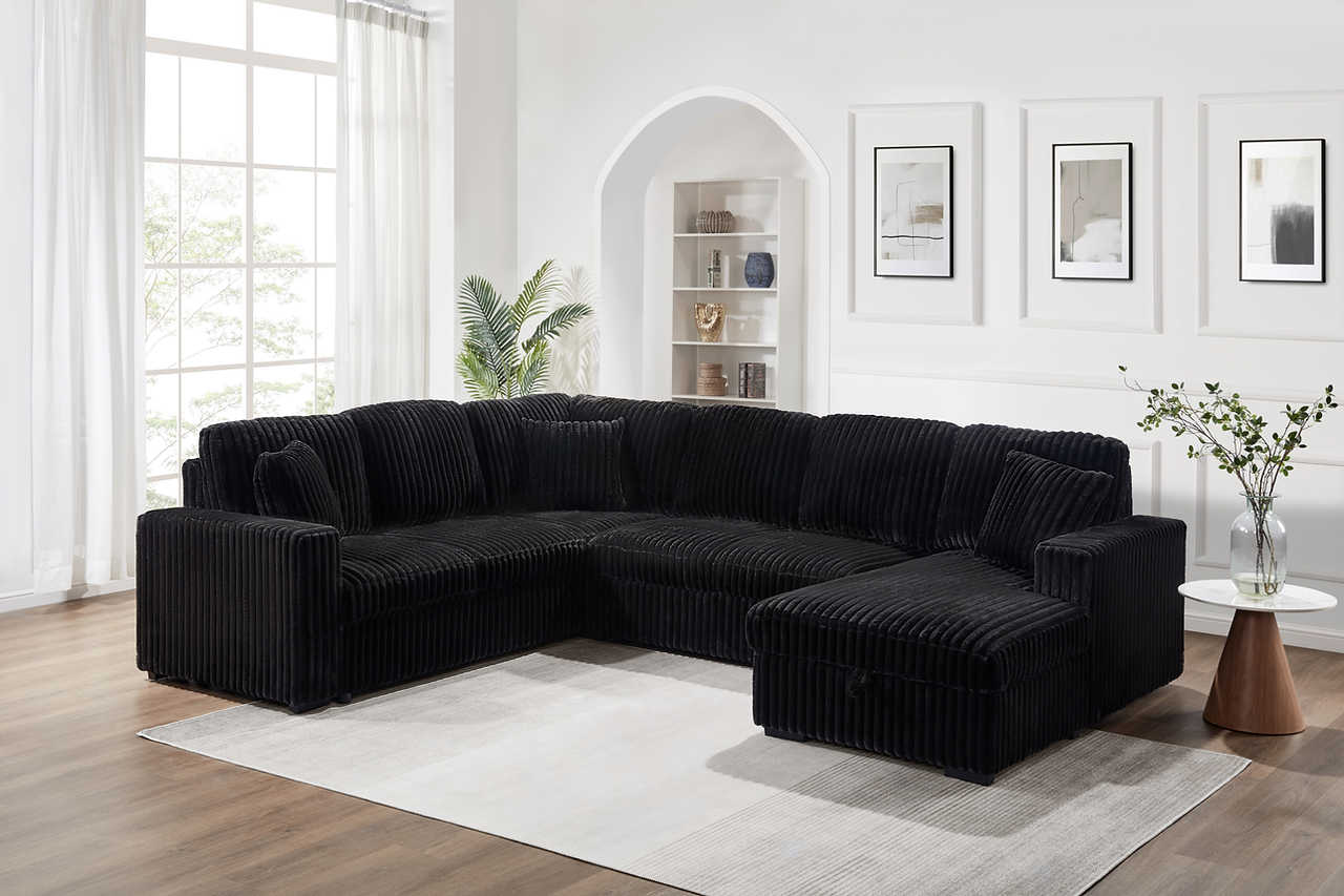 Close-up detail of black soft fabric upholstery on Raha Sectional