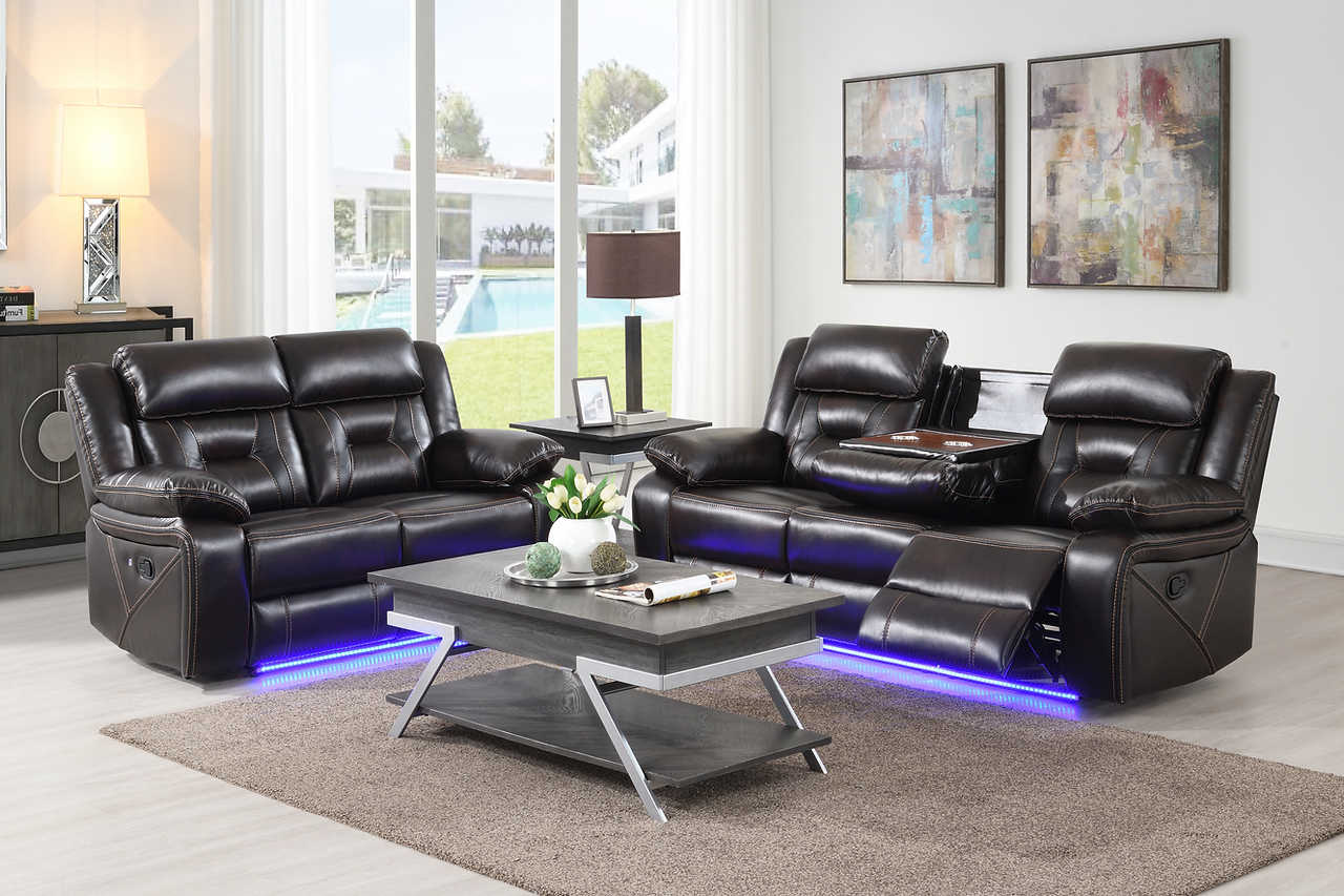 Concord reclining loveseat with LED light, angled side view