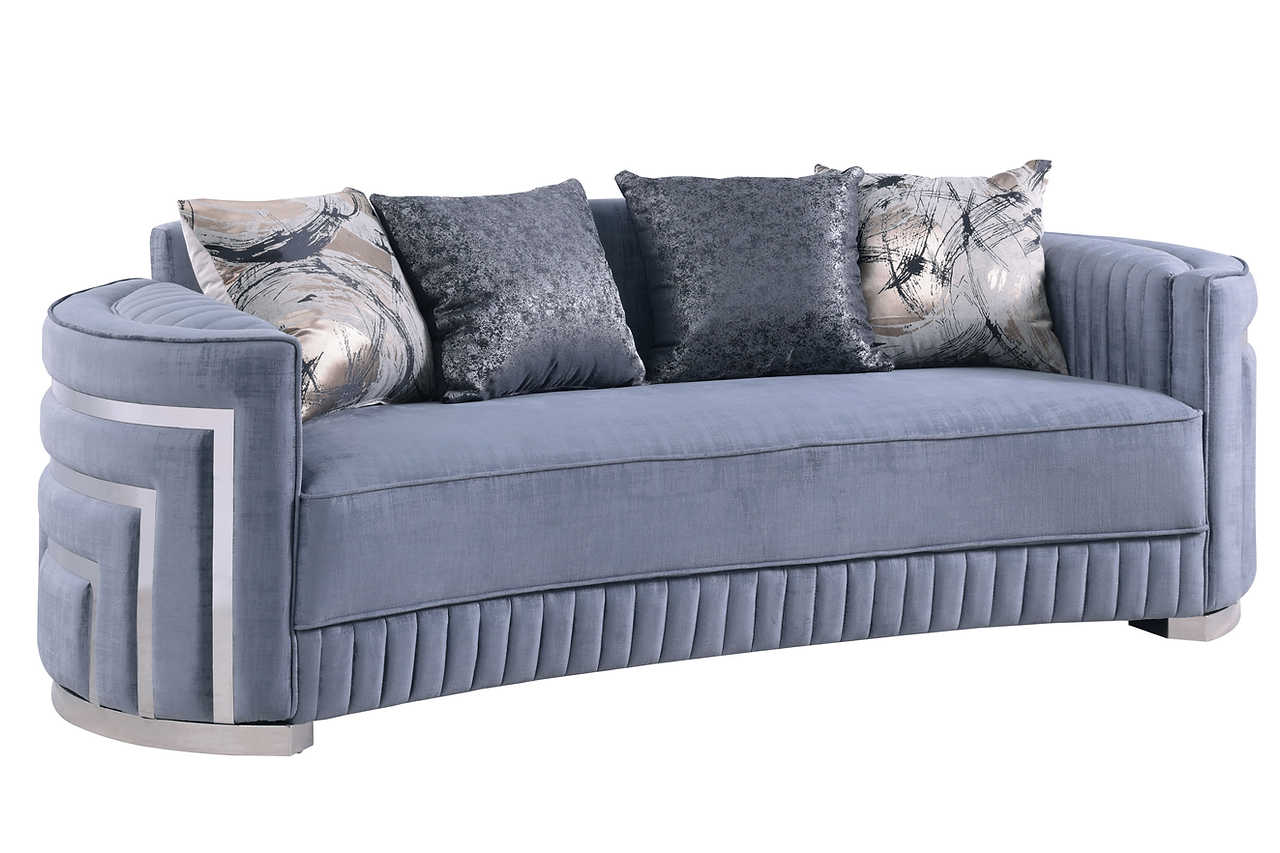 Close-up detail of grey velvet upholstery on Minerva living room set