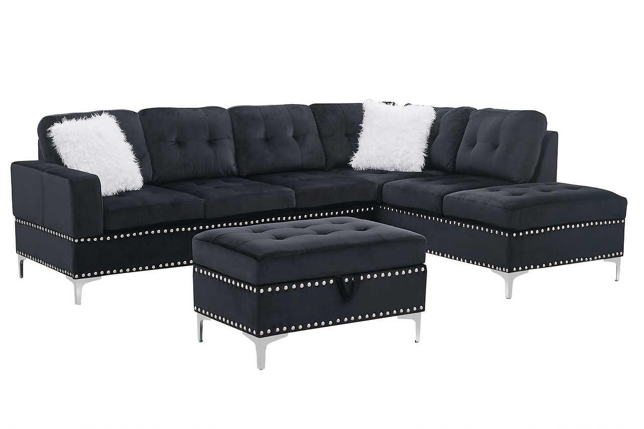 side view of Joy Black Velvet Upholstered Tufted Sectional with Ottoman sectional sofa