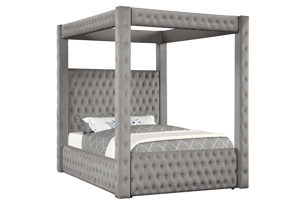 Full view of Mansion Gray Upholstered Tufted Canopy Platform King Bed in bedroom setting