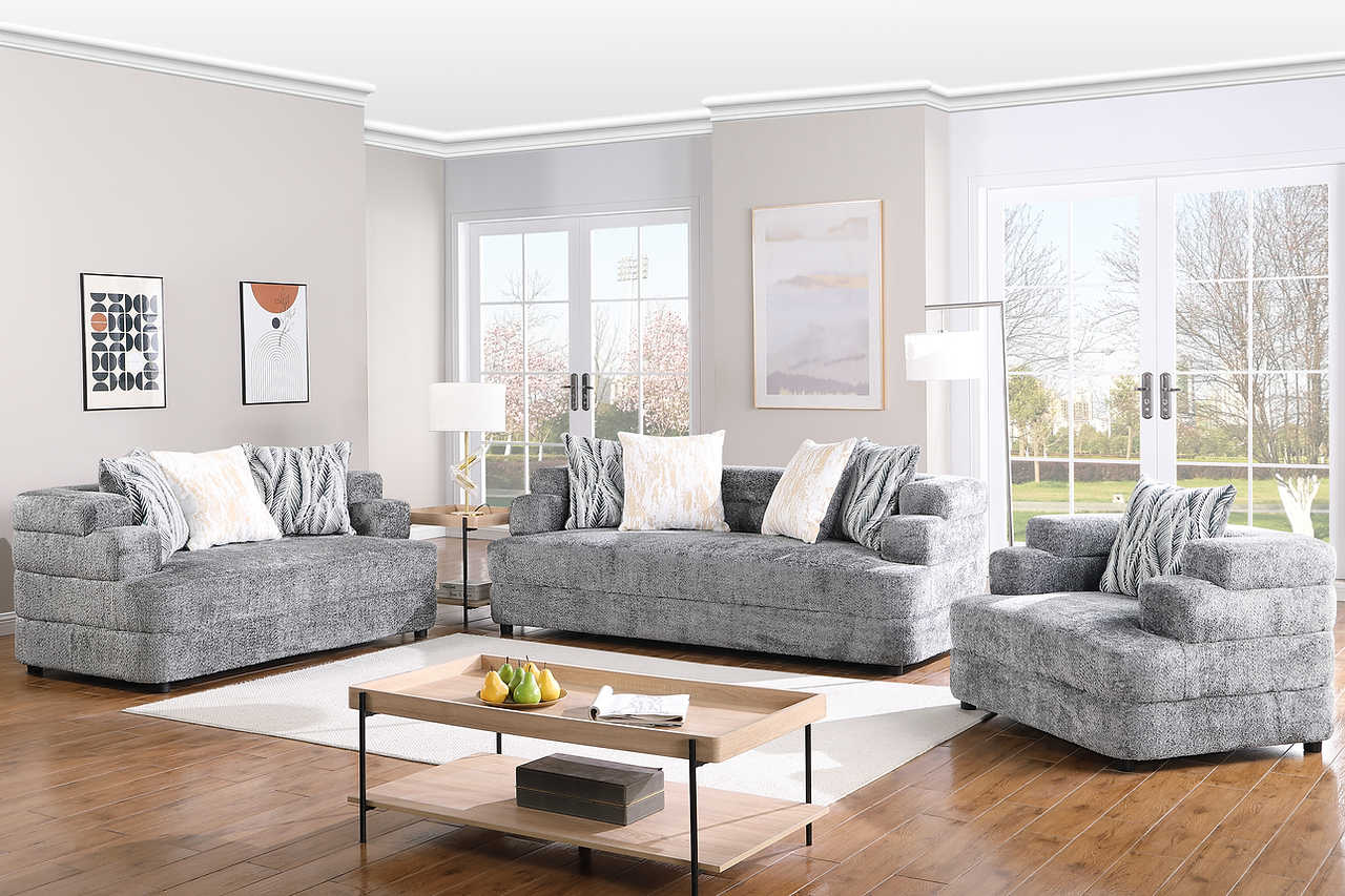 Front view of Stepso Charcoal Boucle sofa and loveseat set