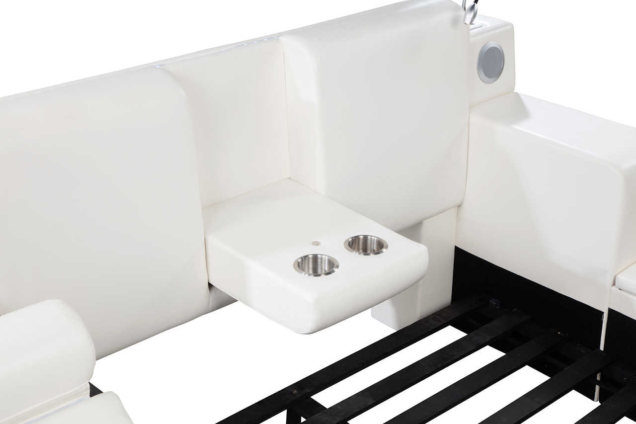 Detail of drop-down table with cup holders on Apollo bed
