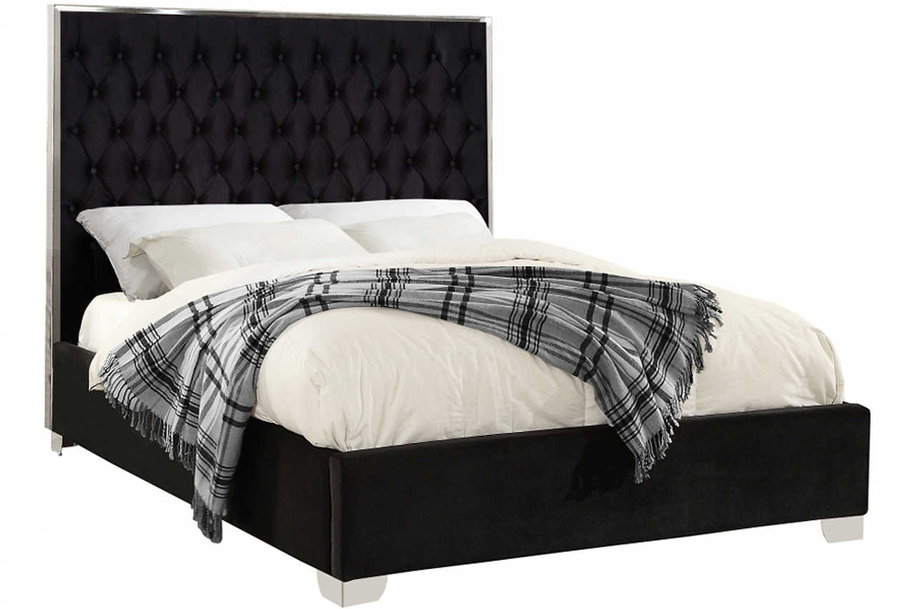 Side angle of Rose Black Upholstered Tufted Queen Bed showing tufted details