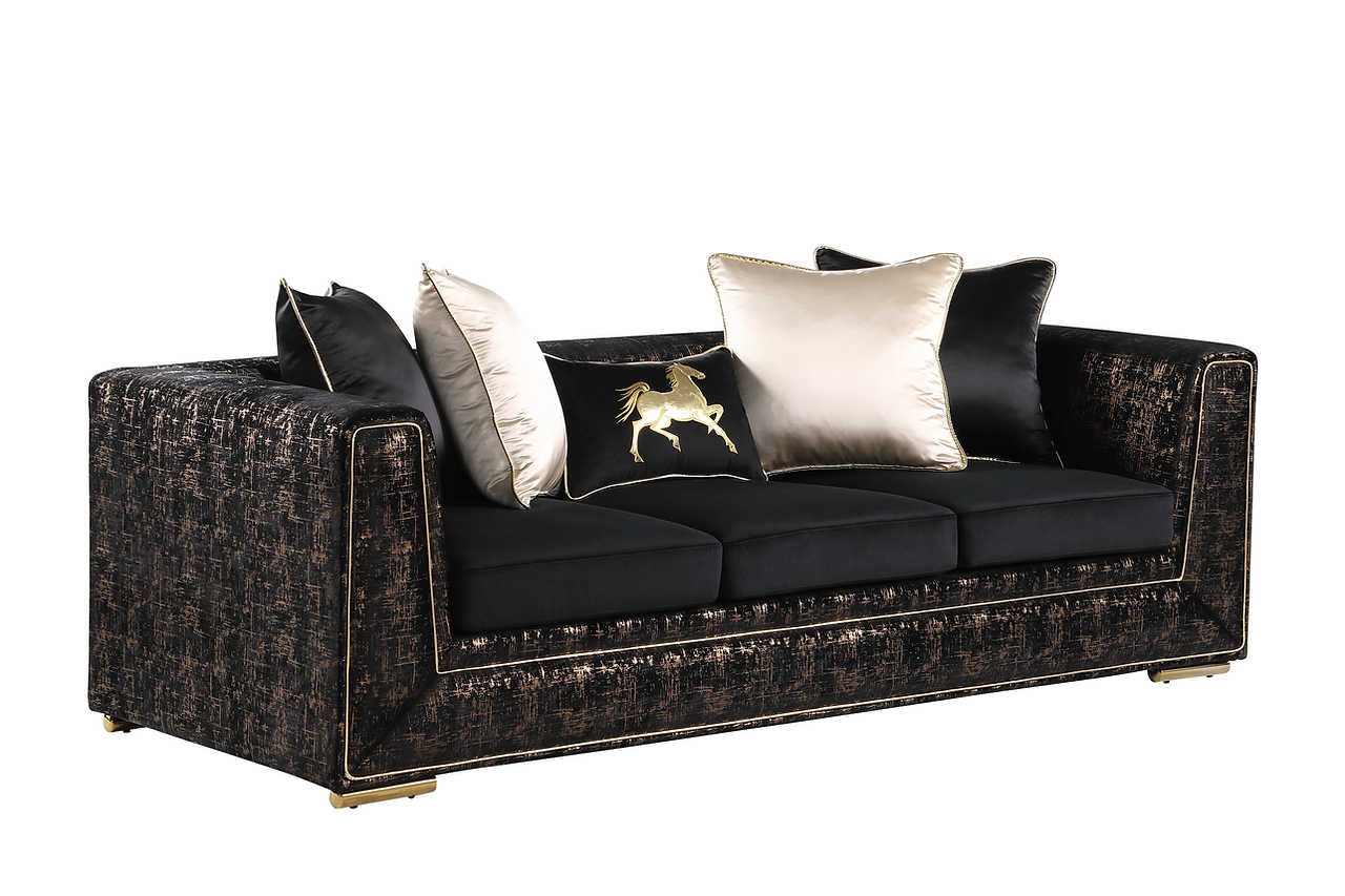Close-up of the velvet upholstery and gold accents on Konya set