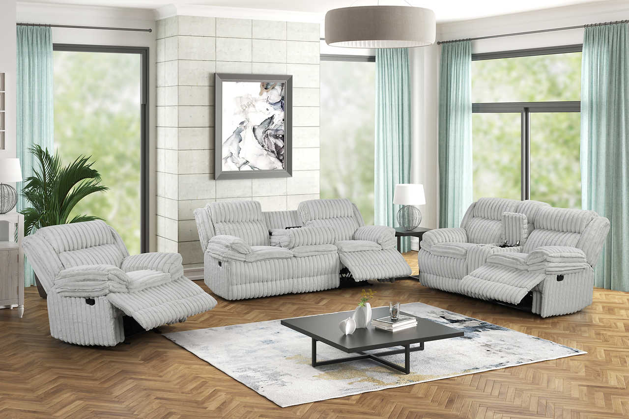 Reclining loveseat with cupholders and console in grey fabric