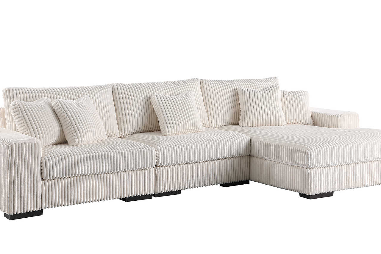 Comfy Ivory 3-Piece Upholstered Sectional Sofa side view showing chaise in ivory