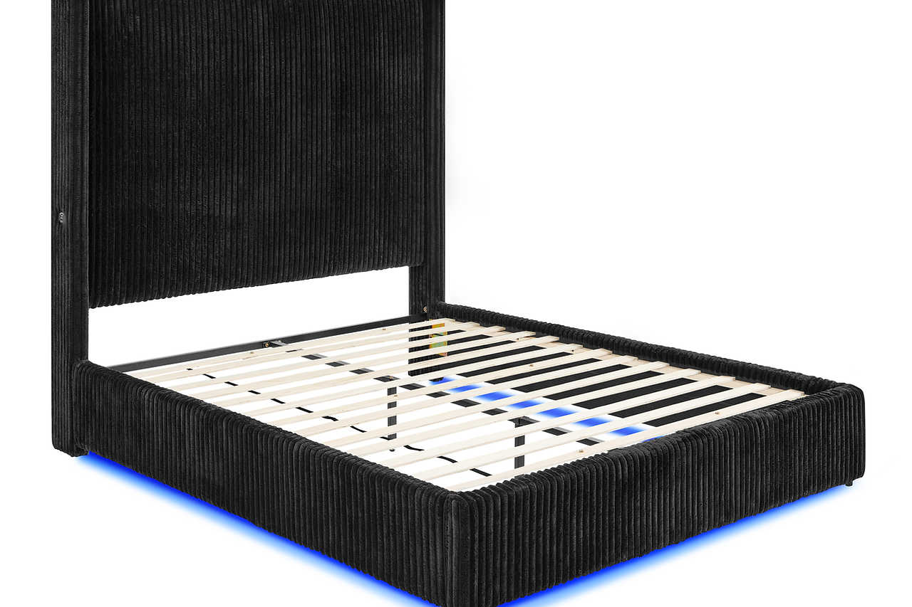 Full front view of Belinda queen bed with LED lights off