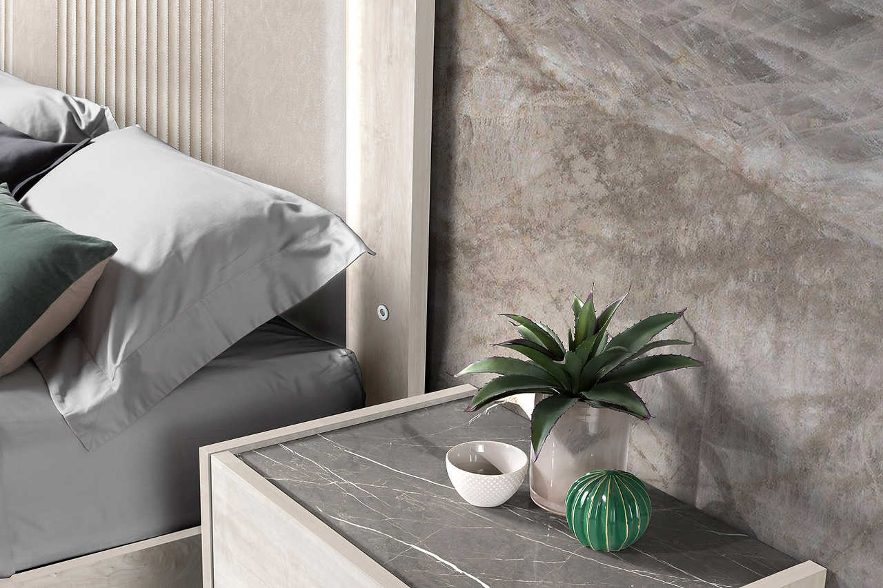 Side angle of Christine Beige Nightstand in beige finish