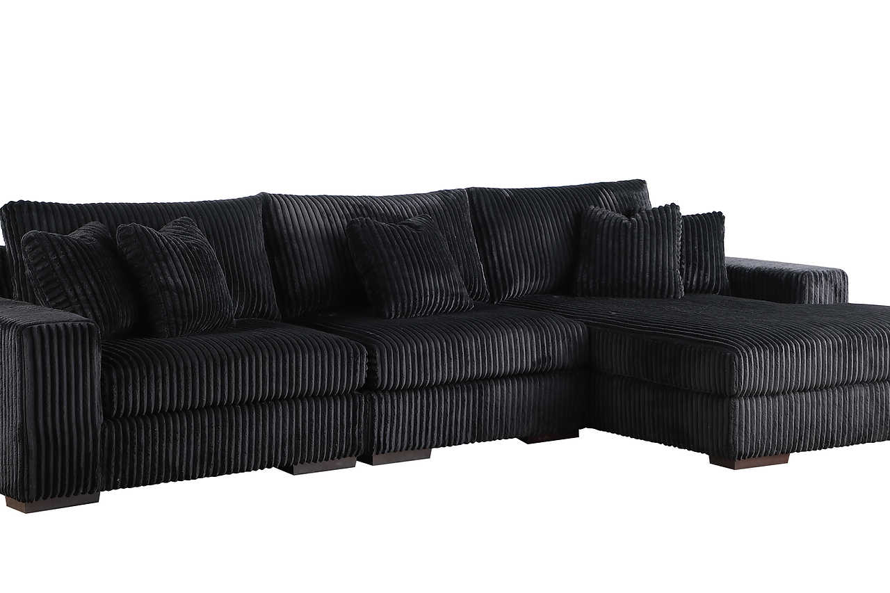 Side view of Comfy Black 3-Piece Upholstered Sectional Sofa showing soft pin stripe black upholstery