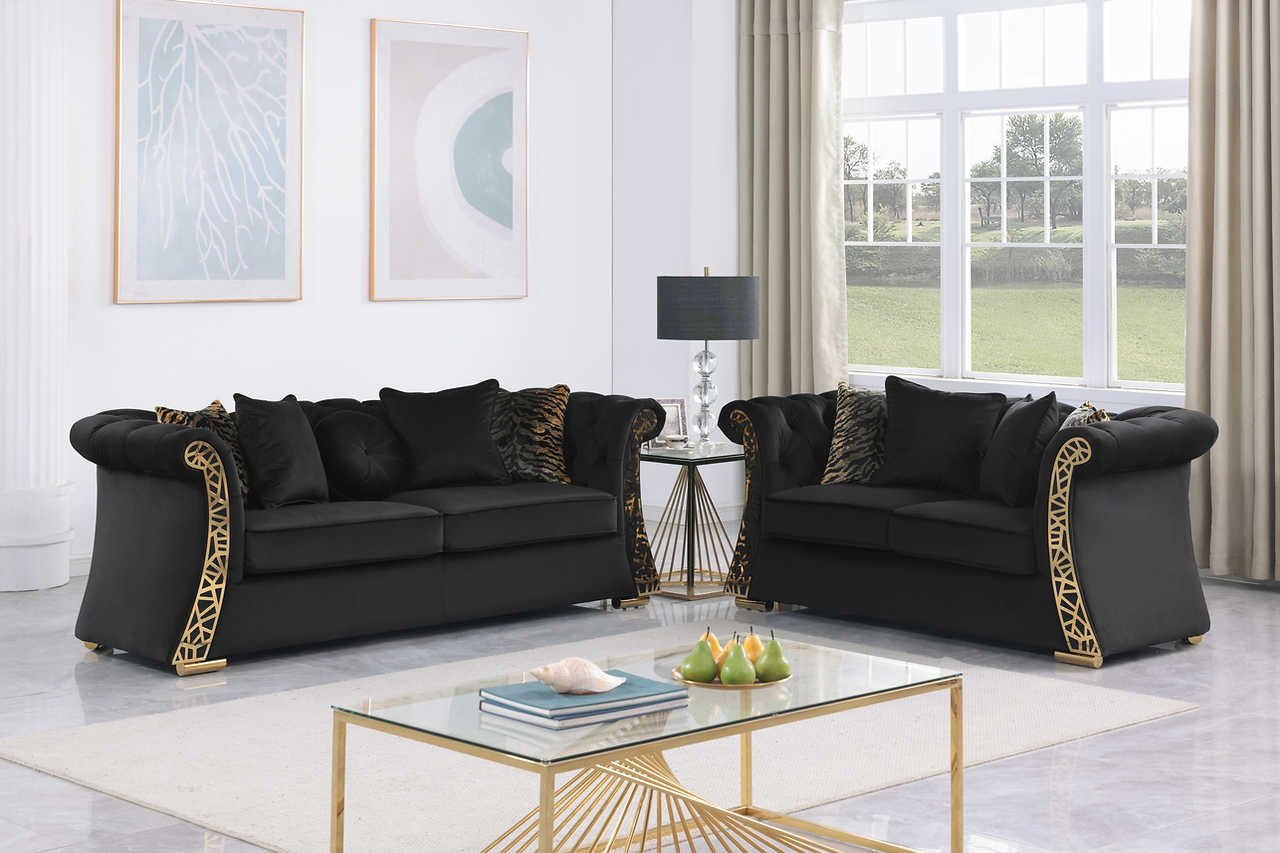 Curamo Black Velvet loveseat side angle