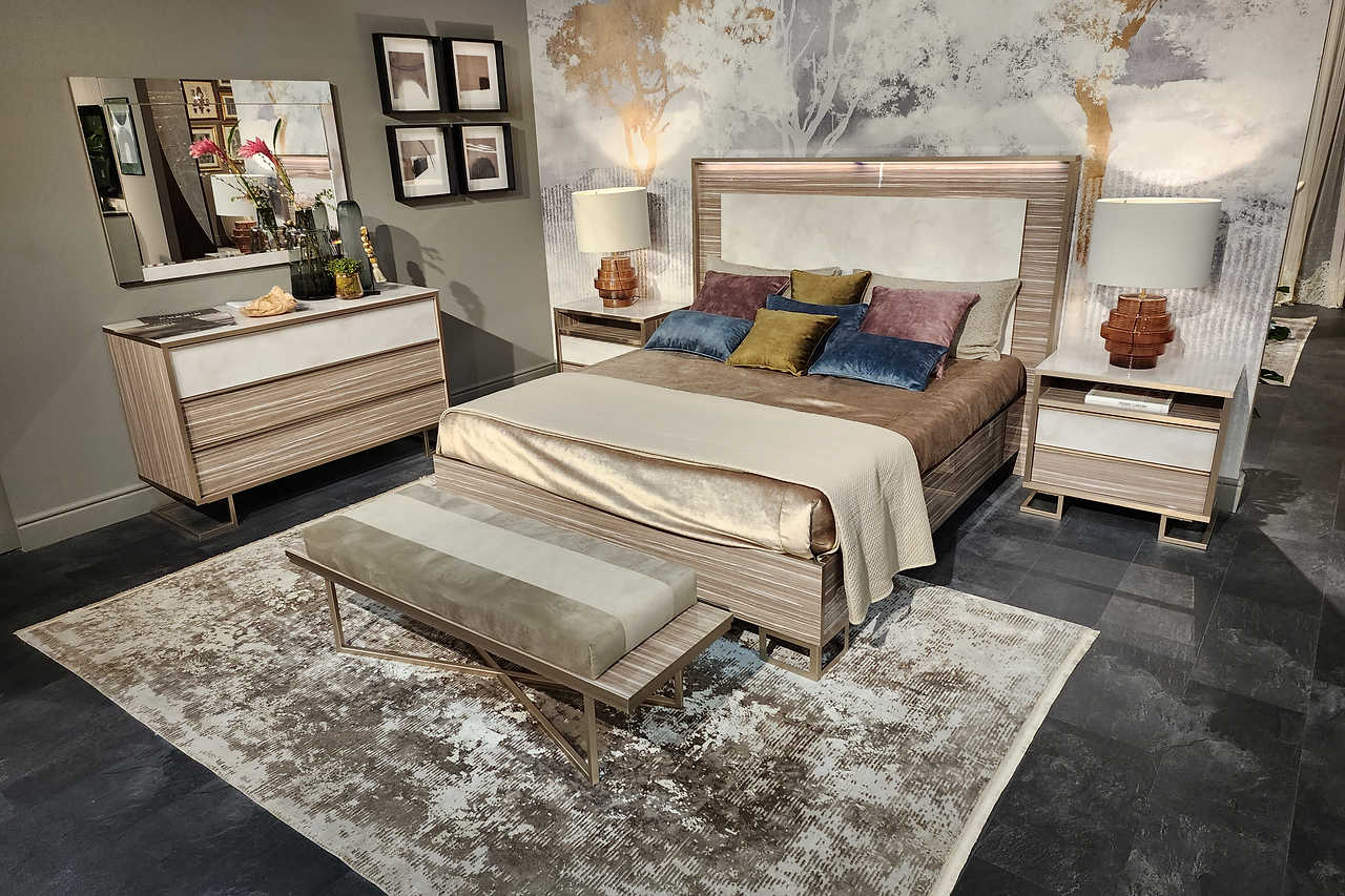 Luce Collection queen bed with LED lighting and contrasting wood and onyx finishes