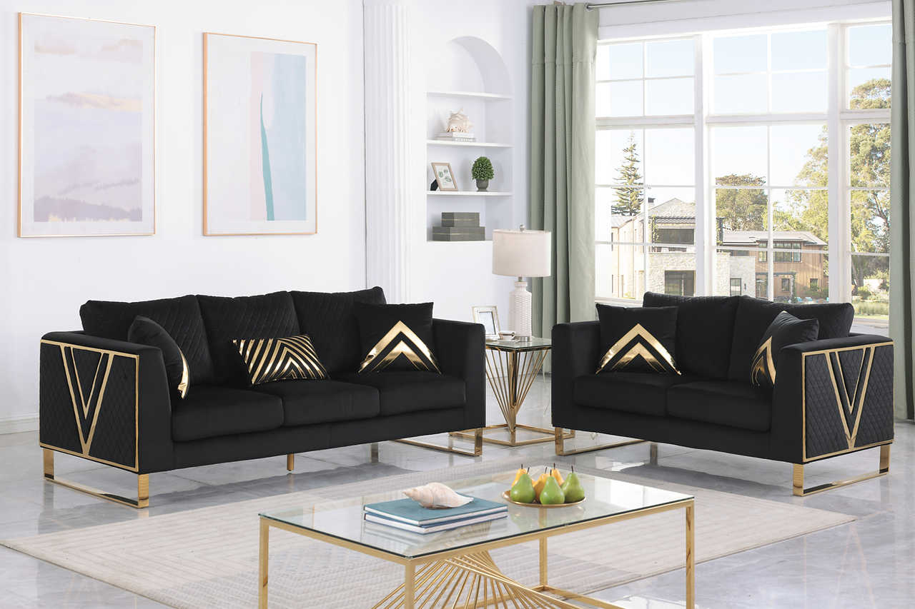 Side view of Vista Bonita black velvet sofa and loveseat