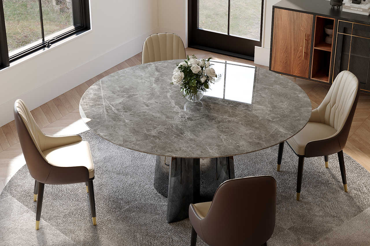 Luxe Faux Marble Dining Table top angle showing grey faux marble surface