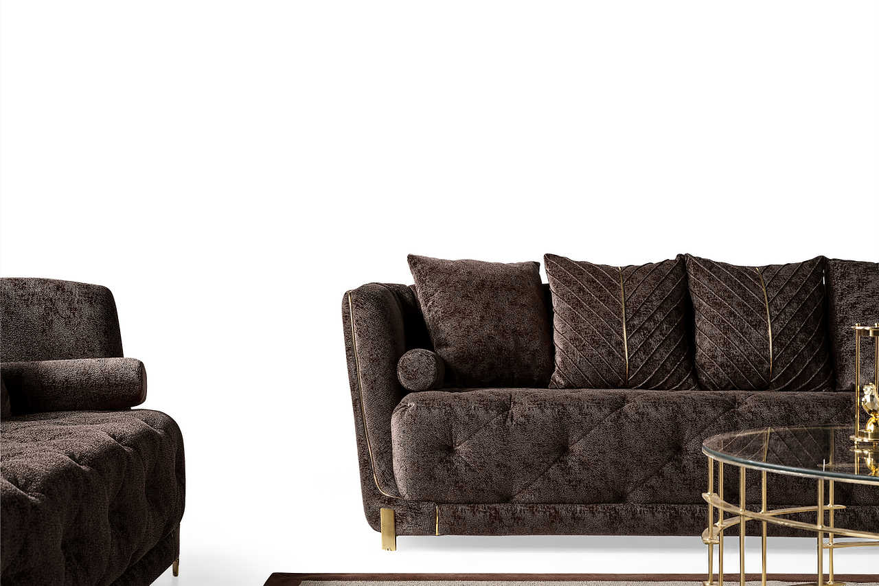 Close-up of brown chenille upholstery on Elit Chair