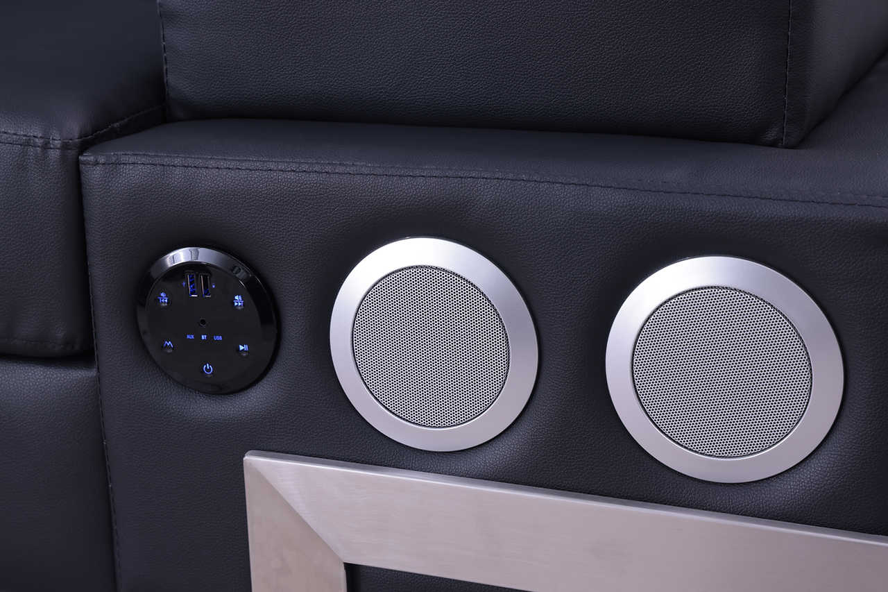 Side angle showing Bluetooth speaker integration in sofa