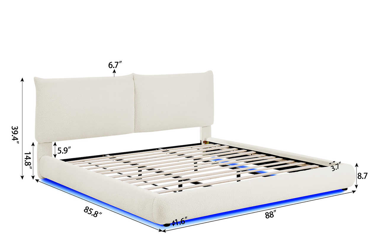 Side view of Zima White LED Upholstered Platform Bed