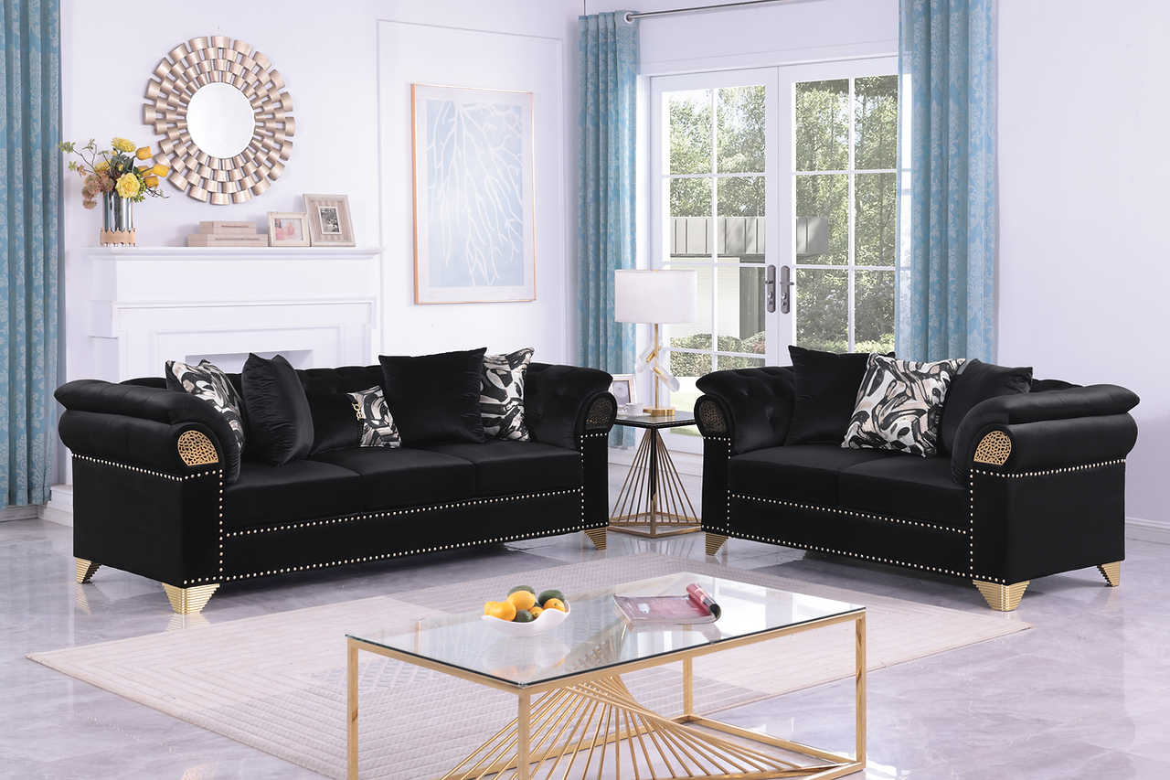 Side view of Emma Black Velvet Sofa and Loveseat