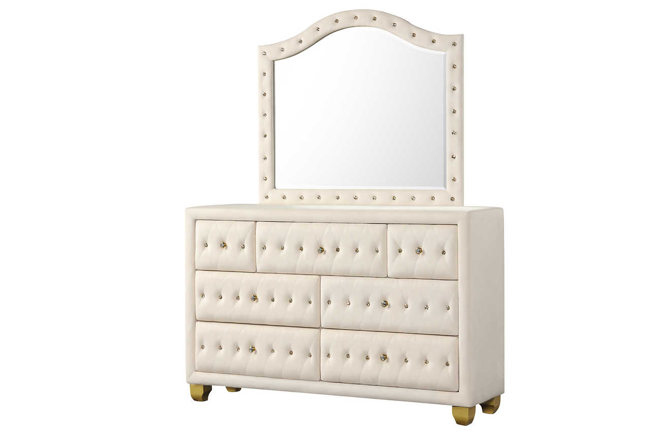 Close-up of tufted wingback detail on Olivia beige king bed