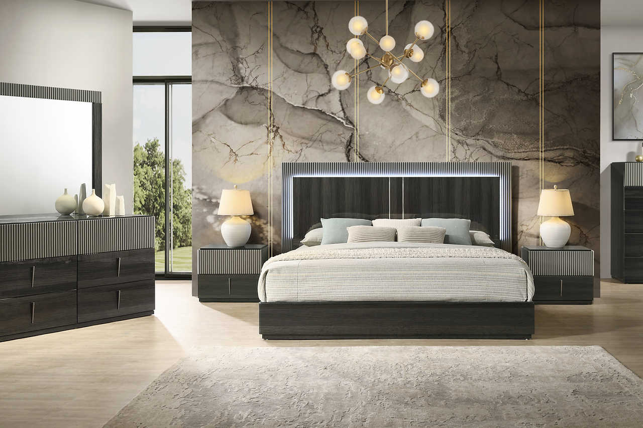 Raven Dark Gray LED Panel Bedroom Set main view of bed