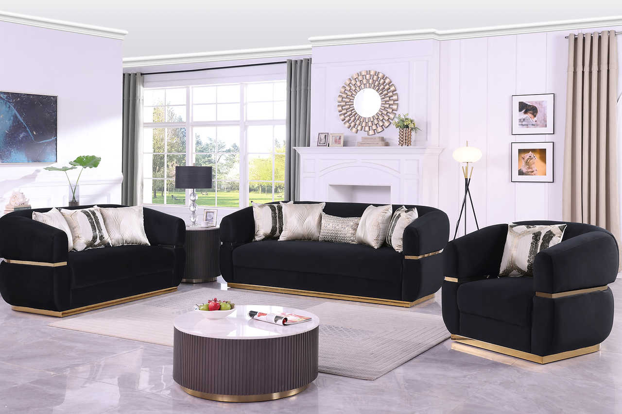 Carmela black velvet living room set main front view