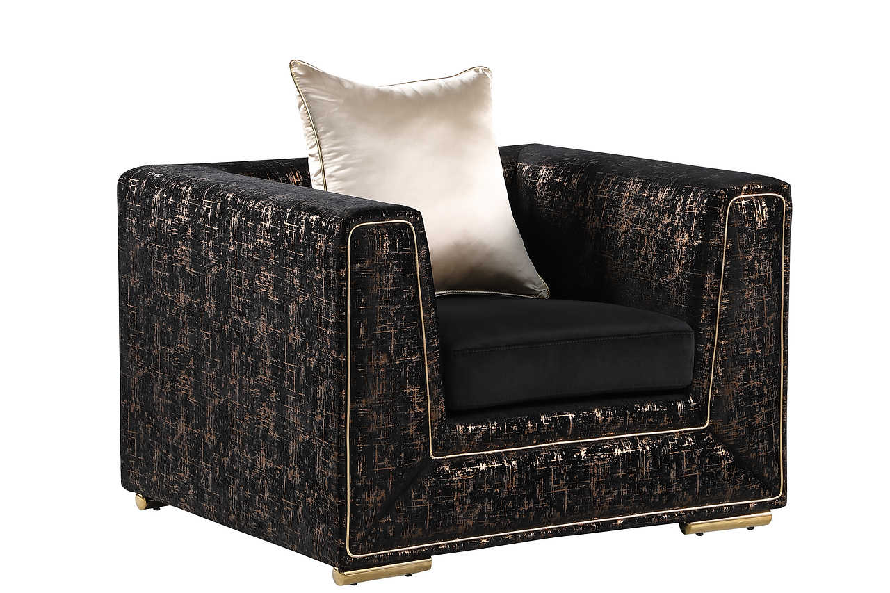 Konya Black Gold Velvet living room set angled front view