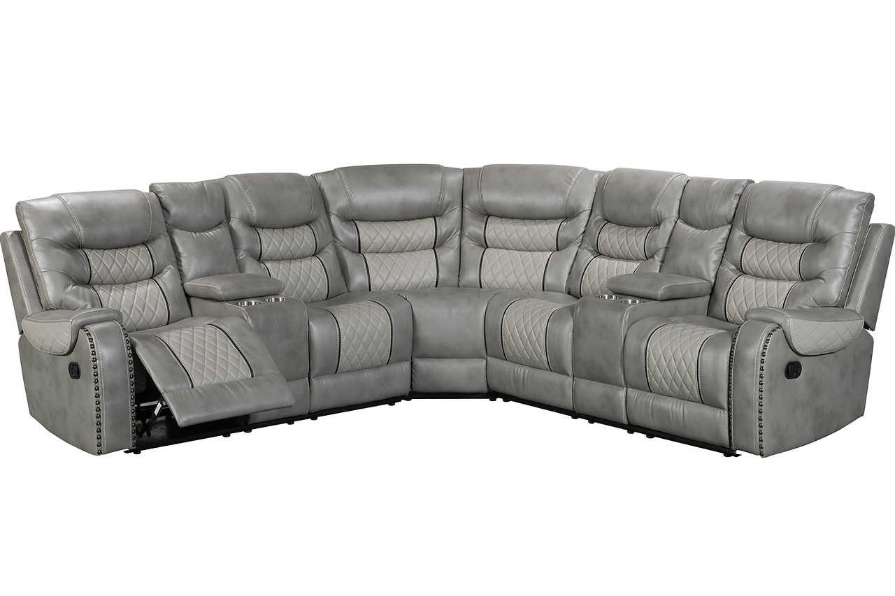 Phoenix II grey upholstered reclining sectional sofa front right view