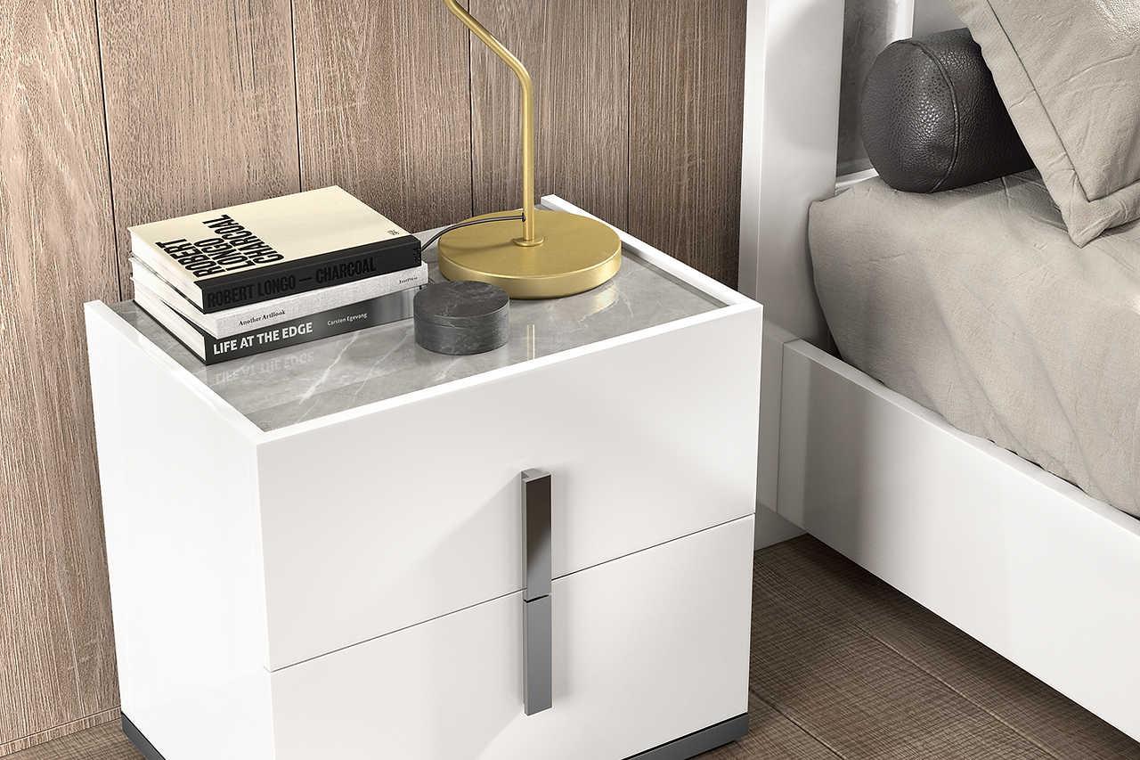 Mara White Extra Nightstand front view showing high-gloss marble top