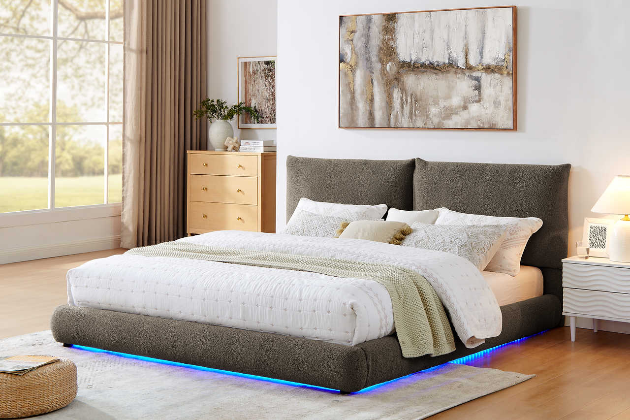 Close-up of fabric upholstery and LED lighting on Zima bed
