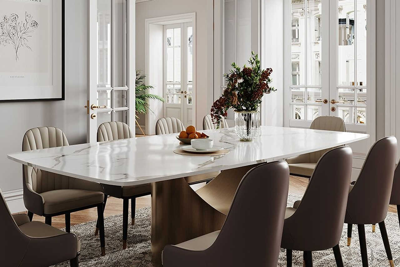 Lexi dining table corner detail with glossy white stone top