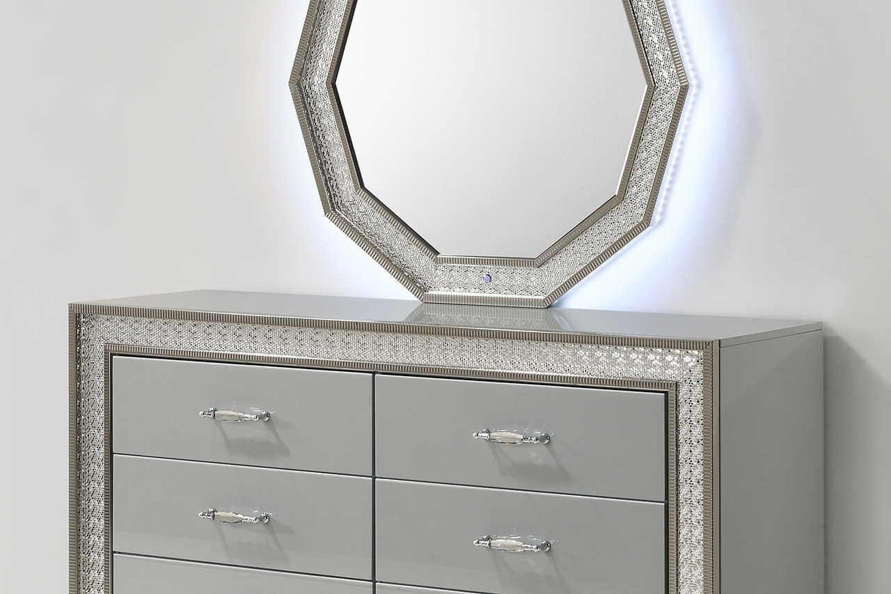 Dubai Metallic Silver LED Panel Bedroom Set side profile of bed