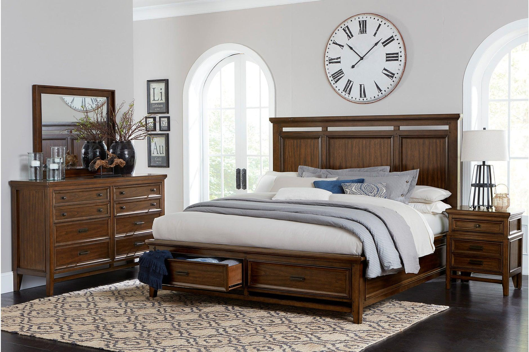 Main view of brown cherry upholstered storage platform bed in bedroom set