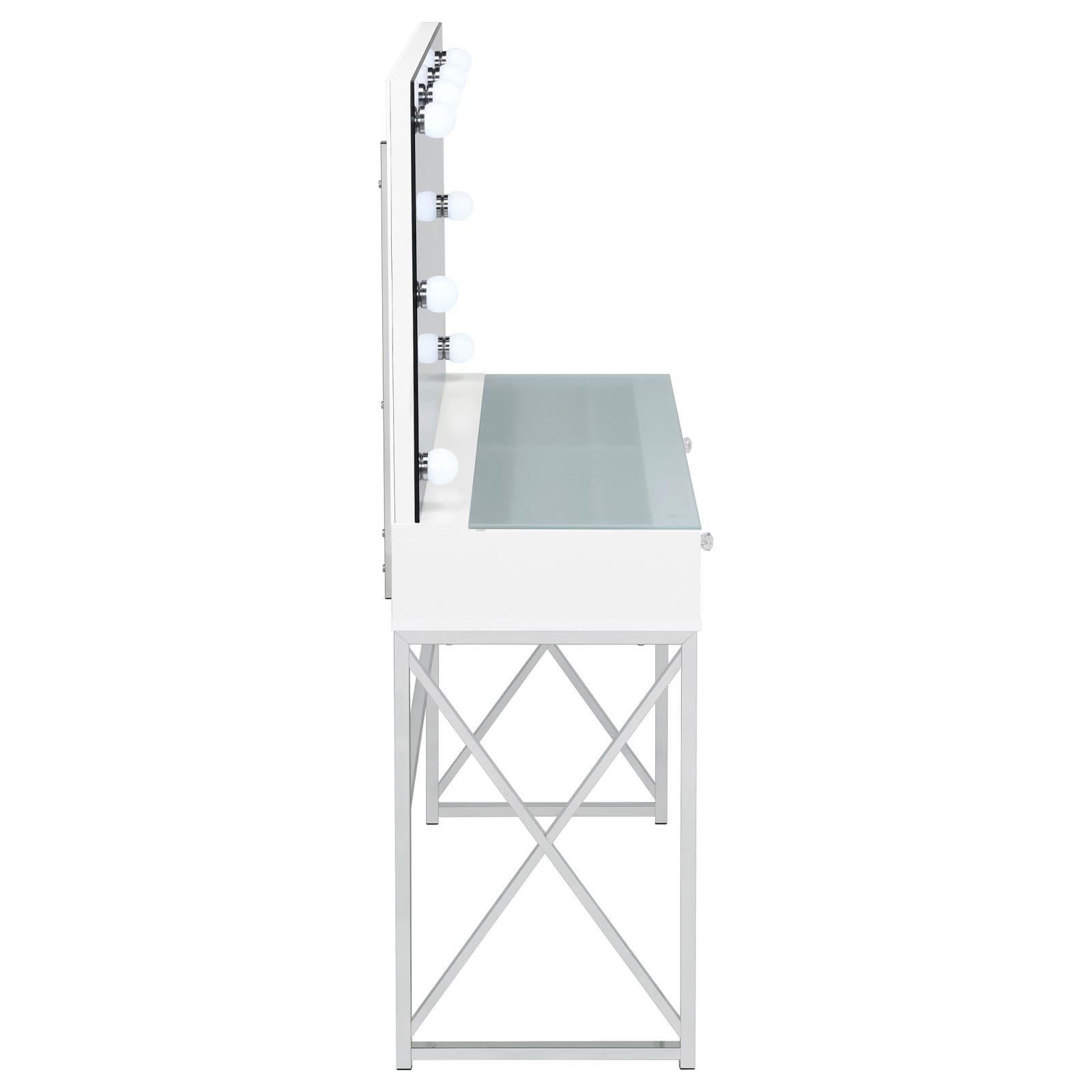 Eliza 2-Piece White Vanity Set with Hollywood Lighting and Upholstered Stool