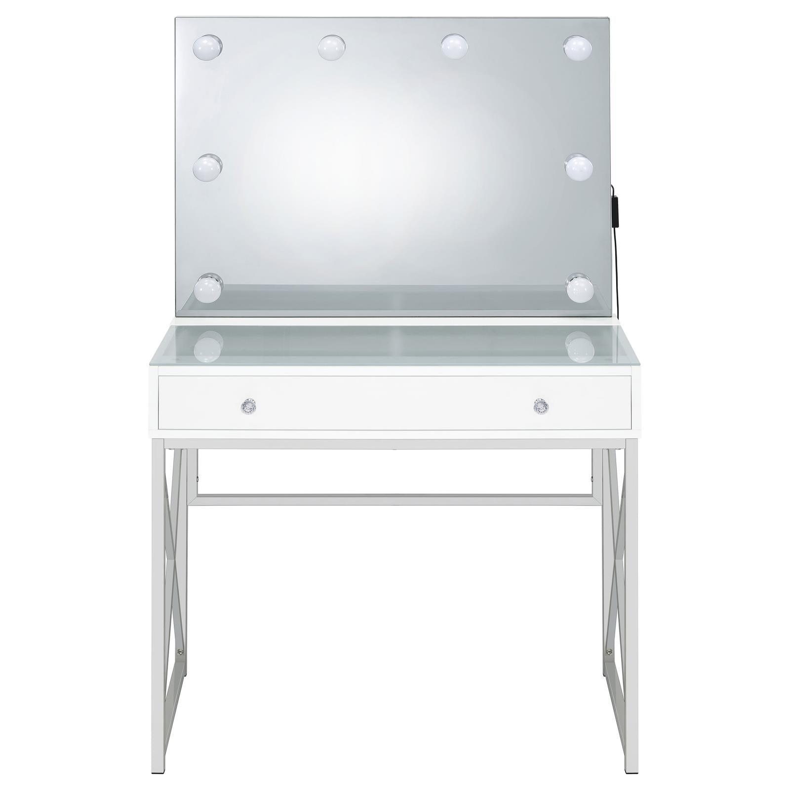 Detail of metal feet and chrome accents on vanity and stool