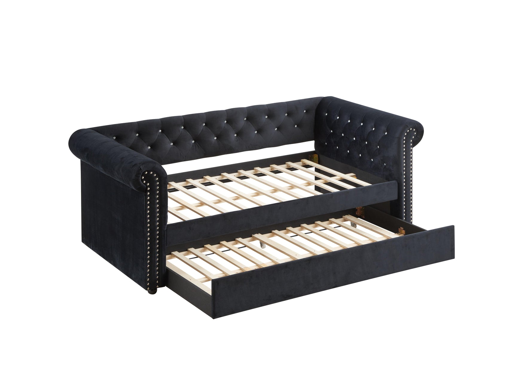Ellie Black Velvet Tufted Trundle Daybed with trundle pulled out