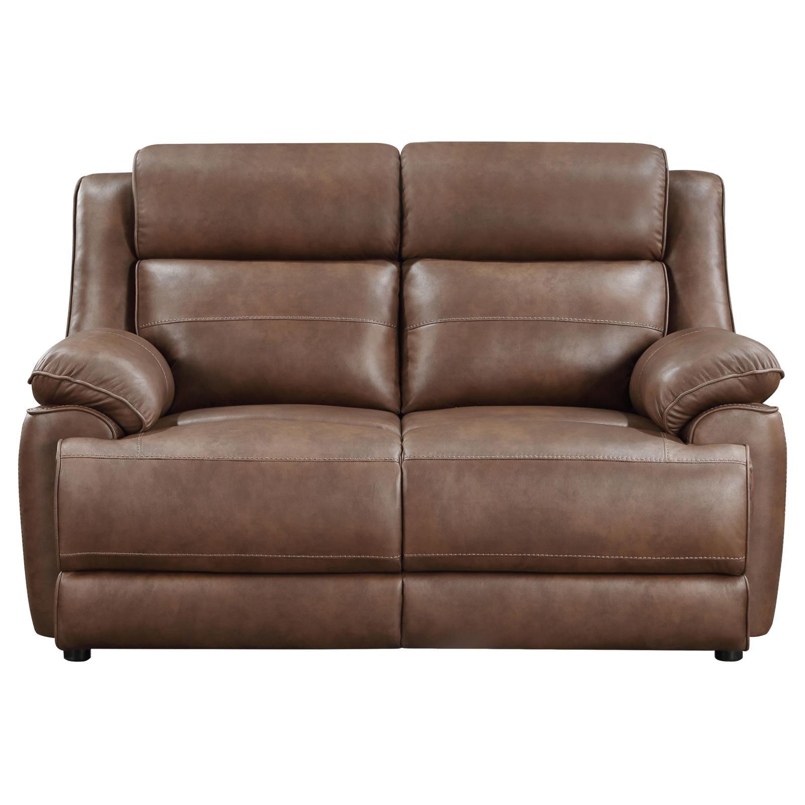 Side view of loveseat with padded arms in dark brown upholstery