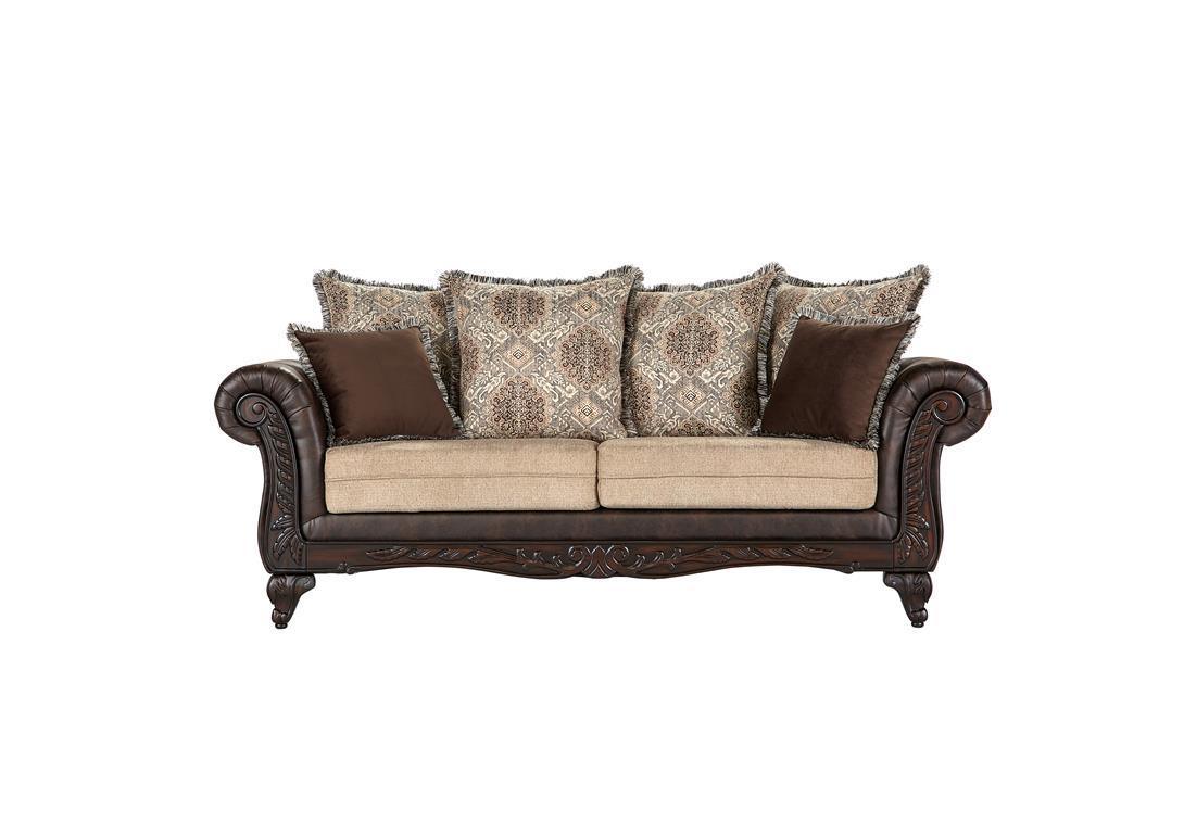 Elmbrook brown upholstered rolled arm sofa main view